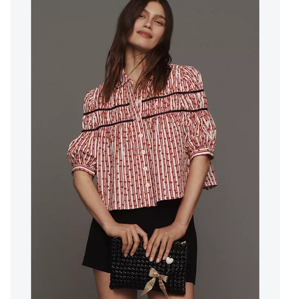 Anthropologie Maeve Leandra Shirred Yoke Blouse Red Heart Stripe Puff Sleeve